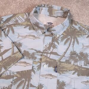 AFTCO‎ Fishing Shirt Palm Trees Short Sleeve Button Up Vented Mens Medium Flaws